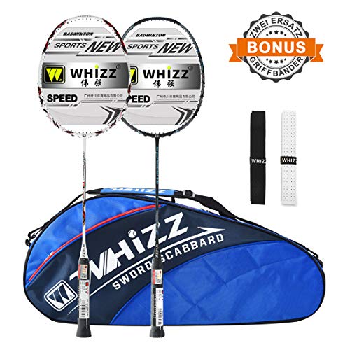 Whizz Badminton Schläger Set Racket 100% Graphit Carbon 2 STK. Verbesserte Version mit Rahmen Schutzhülle & Schlägertasche & 2 Griffbänder (Schwarz+Weiss)