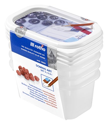 Rotho 1755010233 Domino-Aromafeste Aufbewahrungsbox mit beschreibbarem Deckel-4er Vorratsdose BPA-frei-Reinigung der Gefrierdose in der Spülmaschine-0.2 l Inhalt pro Gefrierbox-Weiss Tiefkühldose, Plastik, Set 4X 0,2 l, 4-Einheiten