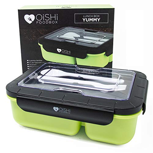 OISHI LUNCHBOX YUMMY - Bento Box 1500ml + Besteck + 3 Fächer - BPA-Frei - Spülmaschine Mikrowelle & Gefrierschrank - Brotdose für Kinder & Erwachsene