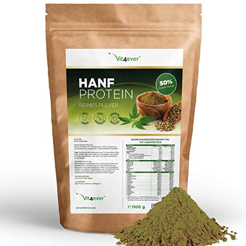 Vit4ever Hanfprotein Pulver - 1100 g / 1,1 kg - 50% Proteingehalt - Laborgeprüfte Premium Qualität - Veganes Eiweißpulver - 100% Hanfproteinpulver - Frei von Gluten, Soja und Laktose