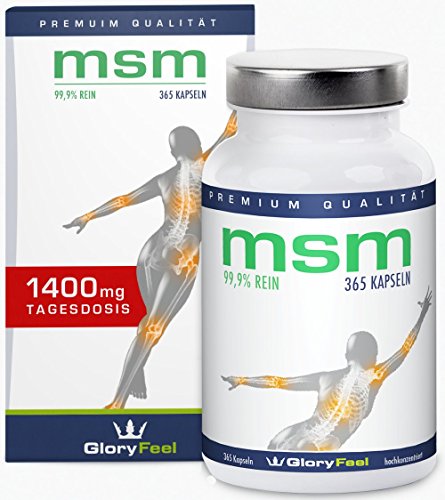 MSM 1400mg 365 vegane Kapseln - Der VERGLEICHSSIEGER 2018*- MSM-Pulver (Methylsulfonylmethan) + Vitamin C - Ohne Magnesiumstearate - 6 Monatsvorrat - Nahrungsergänzung von GloryFeel