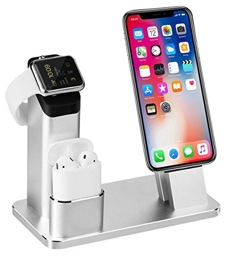Apple Watch Stand, Aluminum 3 in 1 Apple Watch iPhone Airpods Ständer Ladestation von TOFURT Docking Station für Apple Watch Series 3/2/1/ AirPods/ iPhone X/8/8Plus/7/7 Plus /6S /6S Plus/ipad,Silber