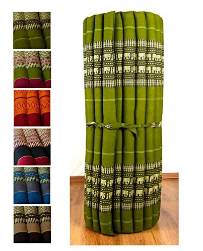 Kapok Liegematte der Marke Asia Wohnstudio, 200cm x 110cm x 4,5cm; Rollmatte bzw. Yogamatte, Thaimatte, Thaikissen als asiatische Rollmatratze (grün / Elefanten)