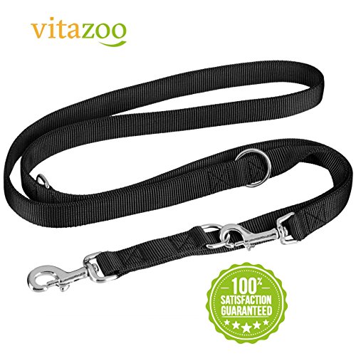VITAZOO Premium Hundeleine in Graphitschwarz, massiv und verstellbar in 4 Längen (1,1 m - 2,1 m), für große und kräftige Hunde | 2 Jahre Zufriedenheitsgarantie | Hundeführleine, Doppelleine, geflochten