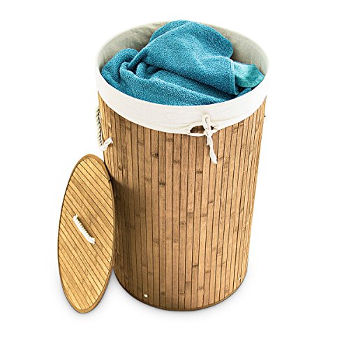 Relaxdays Wäschekorb Bambus rund Ø 41 cm, faltbare Wäschetruhe, Volumen 80 Liter, Wäschesack aus Baumwolle, natur
