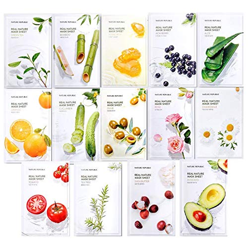 Nature Republic Real Nature Mask Sheet (14 type), Nature made Freshly packed Korean Face Mask, Natural Plant Extract (Pack of 14) [RENEWAL]