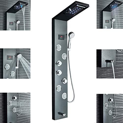 Rozin Schwarz Dusche Duschpaneel aus Edelstahl mit LED Regen und Wasserfalltemperatur-Bildschirm 3 Griffe ABS Handbrause Wanne Auslauf 4 Massagedüsen an der Wand