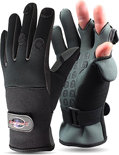 normani Anglerhandschuhe aus Neopren mit umklappbaren Fingerkuppen und Silikon-Innenseite Farbe Schwarz/Grau Größe XL