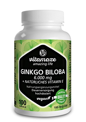 Ginkgo Kapseln 6000 mg hochdosiert VEGAN Gingko Biloba Extrakt 50:1, 100 Kapseln