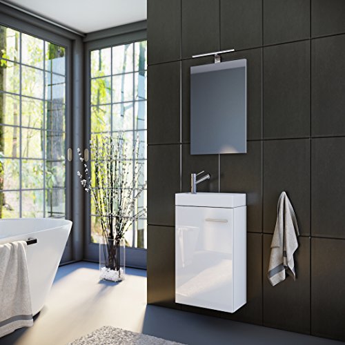 Planetmöbel Badmöbel Set Gäste WC Gäste Bad Waschtischunterschrank Spiegel mit LED Leuchte Waschbecken 40 cm (Weiß Hochglanz)