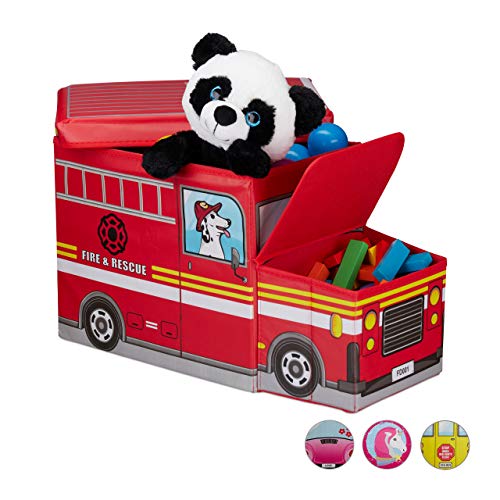 Relaxdays Sitzhocker Kinder, Spielzeugkiste mit Fach, faltbar, Feuerwehrauto, Stauraum, Jungen & Mädchen, 50 Liter, rot