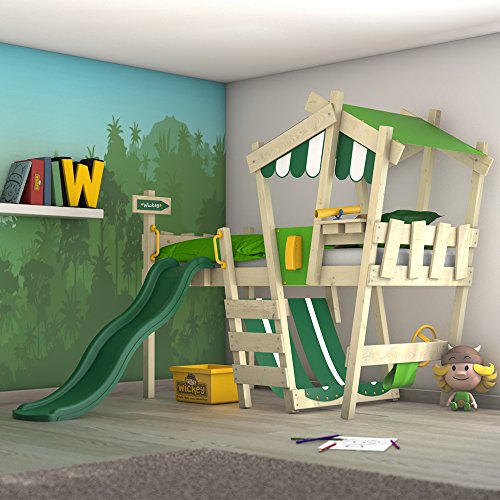 WICKEY Kinderbett mit Rutsche CrAzY Hutty Hochbett mit Dach Abenteuerbett mit Lattenboden, apfelgrün-grün + grüne Rutsche