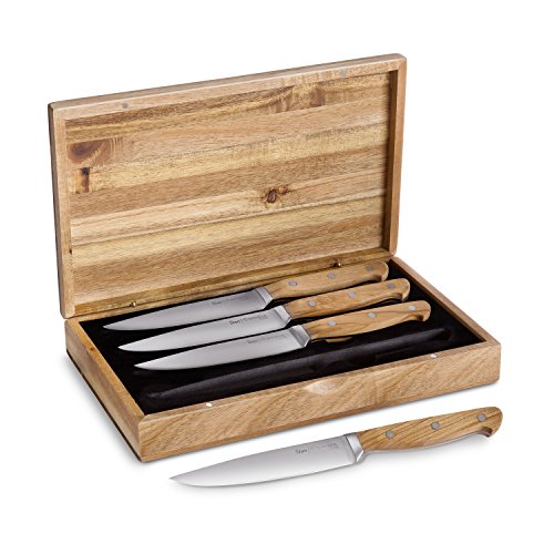 Steakmesser-Set Stan 4 Stück mit edlen Olivenholz-Griffen von Springlane Kitchen Steak-Messer-Set mit hochwertigen Holzgriffen, 12,5 cm Klingenlänge aus deutschem Stahl, sehr robust inkl. Geschenkbox