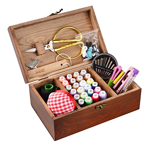 isoto Holz Nähkorb mit Nähset Zubehör Vintage Organisieren Box für Mon Oma Mädchen Frauen Hobby Haushalt