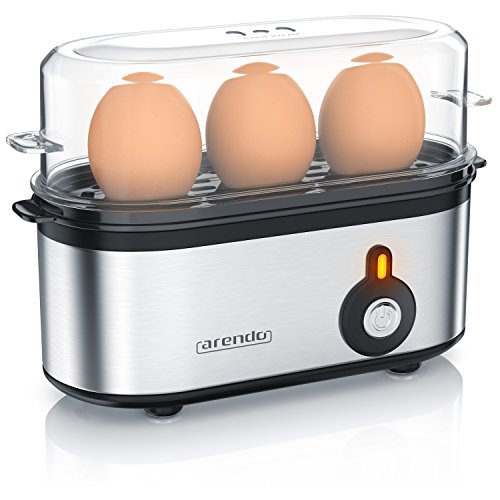 Arendo - Edelstahl Eierkocher Threecook | Egg Cooker | EIN/AUS-Schalter | Wählbarer Härtegrad | 210 W | 1-3 Eier | „Antirutschgummifüße“ für sicheren Halt | BPA-frei | GS-zertifiziert