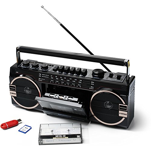 Ghettoblaster PR1980 by Ricatech | 2 x 8 Watt eingebaute X-Bass-Lautsprecher | USB + SD-Anschluss | AM/FM Radio | 3.5mm Kopfhörerausgang | Kassettenspieler | Eingebautes Mikrofon mit Aufnahmefunktion (Aufnahme von Mikrofon auf Kassette)
