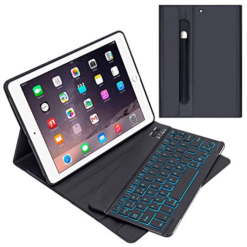 GACHI Tastatur Hülle 9.7 kompatibel mit iPad 2018(6. Gen.), 2017 iPad (5. Gen.), iPad Air 2, iPad Air, Pro 9,7 Magnetische Abnehmbare Deutsche Tastatur mit 7 Farbiger Backlight und Bleistifthalter