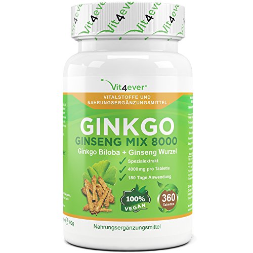 Ginkgo Biloba Ginseng Mix 8000 - 360 vegane Tabletten - Spezial Extrakt - 4000 mg - Premium Qualität, Vit4ever