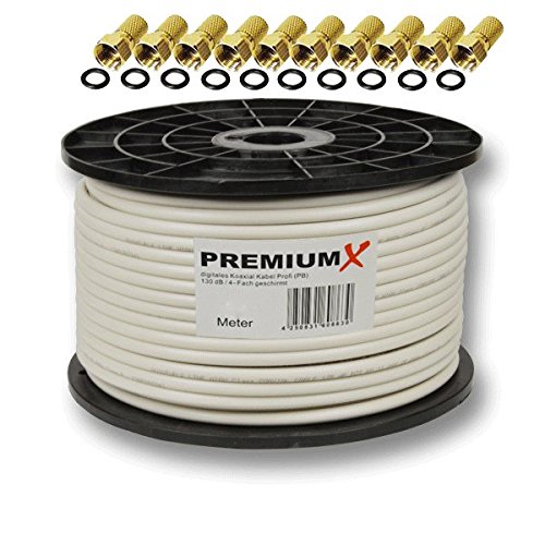 100m PremiumX PROFI Koaxial Kabel 130 dB 4-Fach geschirmt, REINES KUPFER SAT Antennenkabel 100 m 135 120 110 + 10 F-Stecker 7,5mm in Farbe 'Gold' GRATIS DAZU