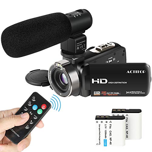 Video Camcorder, ACTITOP 1080P FHD-Camcorder 24MP 16X DigitalzoomVideokamera 3,0 Zoll Bildschirm Gesichtserkennung LED Licht Camcorder Kamera mit externem Mikrofon, Fernbedienung, 2 Batterien