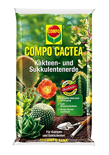 COMPO CACTEA Kakteen- und Sukkulentenerde mit 8 Wochen Dünger für alle Kakteenarten und dickblättrige Pflanzen, Kultursubstrat, 10 Liter
