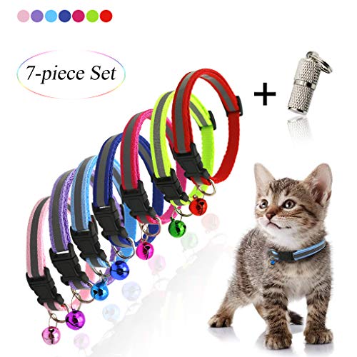 Andiker Reflektierendes Katzenhalsband, Nylon, 7 Stück, mit niedlichem Glöckchen und Erkennungsmarke, verstellbar, für kleine Hunde, Mehrfarbig und leicht