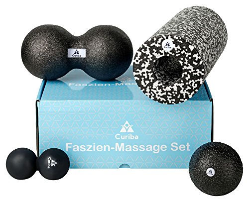 Curiba 4 in 1 Faszien Set inkl. Anleitung - 3 Massagebälle (Einzelball 10 cm, Großer Duoball, Kleiner Duoball) & Faszienrolle