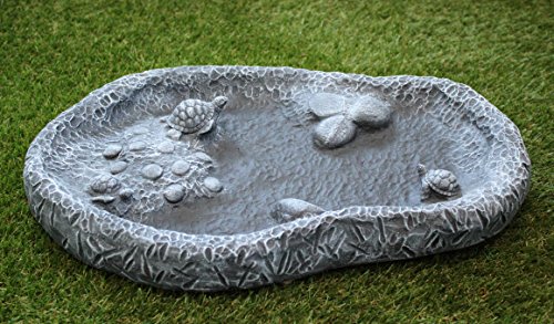 Tiefes Kunsthandwerk Vogeltränke mit Schildkröten Schiefergrau, Frostsicher Vogelbad Stein Garten