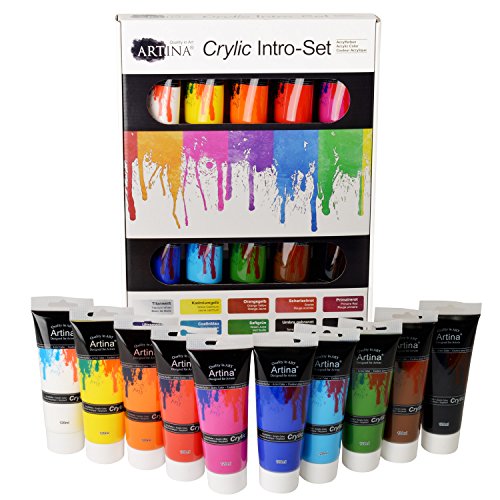Artina Crylic 10 x 120ml Acrylfarben Set 10 Farben (1200ml) hochwertige Künstlerfarben Farbset Hobby-Künstler & Profis