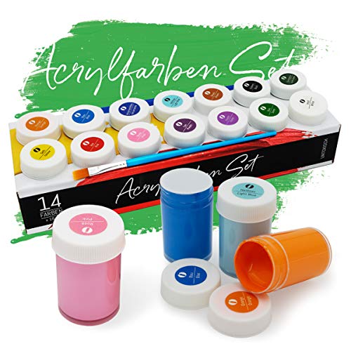int!rend Acryl Farben Set Künstlerfarben mit Pinsel 14 Acrylfarben x 18 ml für Kinder & Erwachsene, wasserfest für Leinwand, Holz, Ton, Papier