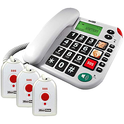 Maxcom KXTSOS: Seniorentelefon mit Funk-Notruf-Sender, schnurgebundenes Festnetztelefon mit 3 Umhängesendern, großen Tasten, Adapterstecker, hörgerätekompatibel