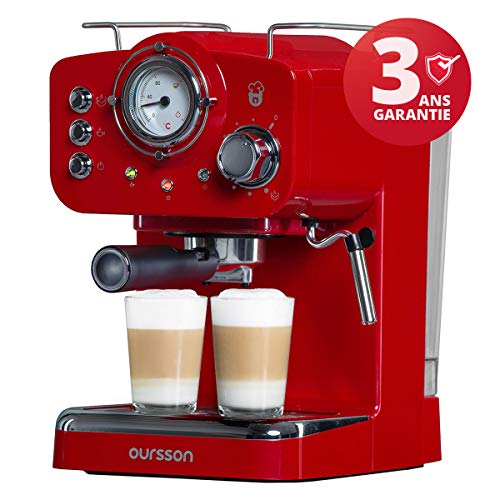 Oursson Kaffeemaschine, 3 Jahre Garantie, 15 Bar Espressomaschine, Espresso-Siebträgermaschine, Milchaufschäumer für Cappuccino und Latte, 1.5L Tank, Rot EM1500/RD