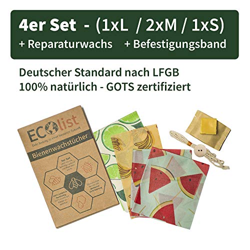 ECOlist Organic Bienenwachstücher für Lebensmittel - deutsche LFGB Zertifizierung, 4-er Set Wachstuch in angesagten Mustern (S, 2 x M, L) + Reparaturwachs + Band, wiederverwendbar, Beeswax wrap
