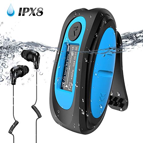 IPX8 Wasserdicht MP3 Player, 8GB HiFi MP3 Musik Player zum Schwimmen und Laufen, mit wasserdicht Kopfhörer, Audiokabel und 3 Paar Ohrstöpsel (L/M/S), unterstützt FM, Shuffle Funktion, Blau