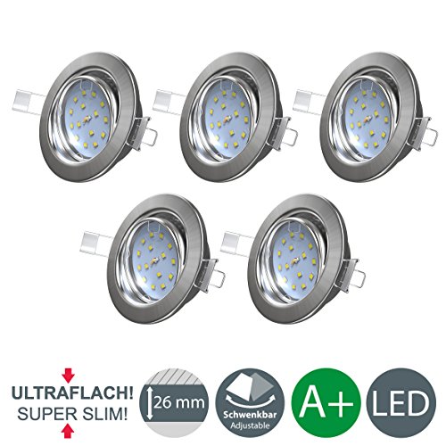 B.K.Licht Ultra Flach LED Einbaustrahler - warmweiß - inkl. 5x 5W Modul 230V 400lumen - Schwenkbar Einbauspots Einbauleuchten - 5er Pack (matt-nickel-Rund)
