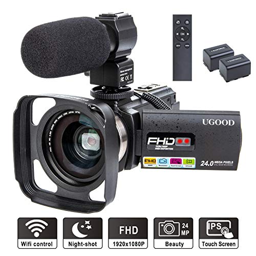 Videokamera UGOOD 1080P 24MP Full HD Camcorder mit Externem Mikrofon WiFi Fernbedienung Video Kamera mit IR Nachtsicht 16X Digitalzoom und 0.39X Weitwinkelobjektiv, 2 Akkus
