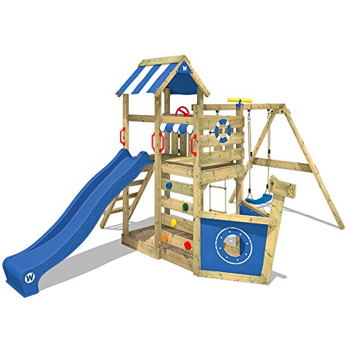 WICKEY Spielturm SeaFlyer Spielgerät Garten Kletterturm mit Schaukel, Rutsche und viel Zubehör, blaue Rutsche + blaue Plane