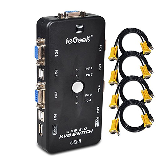 ieGeek KVM Switch Adapter 4 Port USB KVM Switch Box mit 4 KVM Kabel für PCs Maus Drucker und Tastatur - Schwarz