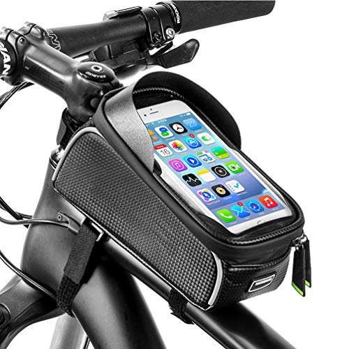 Lachesis Fahrrad Rahmentasche, Wasserdicht Fahrrad Handytasche Aufbewahrungstasche für Die Vordere Obere Touchscreen-Sonnenblende mit Kopfhöreröffnung für Die Meisten Smartphones unter 6,0 Zoll