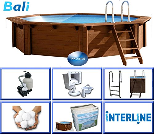 Interline 50700210 Bali Auf-und Erdeinbau Holzwand Rund Pool 4,40m x 1,36m, Filteranlage mit Filterbällen 6m³/h