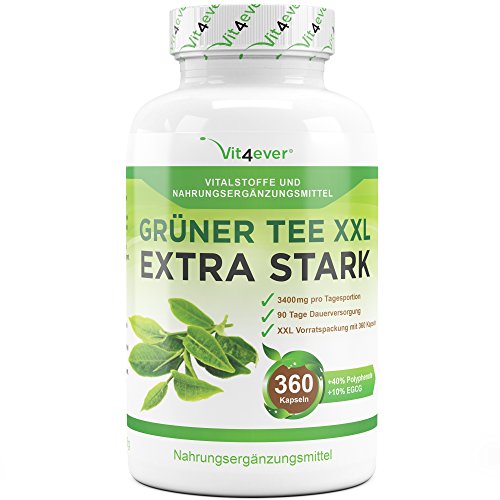 Grüner Tee XXL - 360 Kapseln - Green Tea - 3400 mg pro Tagesportion - 90 Tage Anwendung - Gewichtskontrolle - Grüntee Extrakt 20:1 - Vit4ever