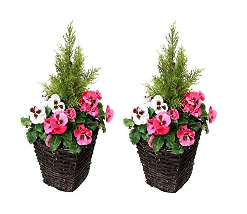 : Künstliche Terrasse Pflanzgefäßen, Pink & Weiß Blumen & Konifere/Zeder Formschnitt (Set von 2)