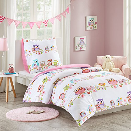 MIZONE KIDS Owl 2-tlg Kinderbettwäsche Set mit Eule 100% Baumwolle Bettgarnitur Mädchen Jugendliche Teenager Bettwäsche Einzelbett weiß rosa bunt, 135x200cm+80x80cm
