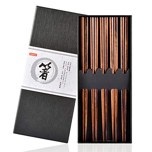 Gimars Essstäbchen,5 Paare Wiederverwendbare Chopsticks,Natürliche Japanische Essstäbchen, Holz Essstäbchen Set für Chinesische Geschirr (Dunkelbraun)
