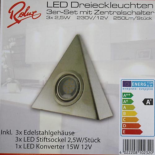 Hochwertiges 3er Set LED Dreieckleuchte- Küchenleuchte -2,5W WARMWEISS mit Zentralschalter