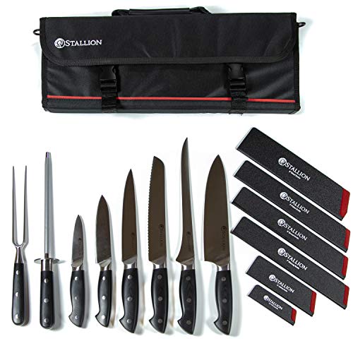 Stallion Professional Messer - Messertasche mit sechs Messern, Wetzstahl und Fleischgabel - Klingen aus deutschem 1.4116 Messerstahl und Griff aus G10 GFK