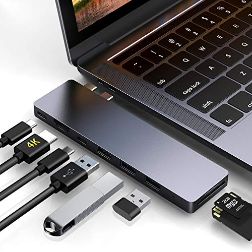 USB C Hub, HOTUCG USB-C Hub für MacBook Pro 2018/2017/2016 13'&15', MacBook Air 2018 13', 8 in 1 Aluminium Thunderbolt 3 Dual Type C Adapter Hub mit HDMI 4K, 3 USB C 3.0, SD/TF Kartenleser - Spacegrau