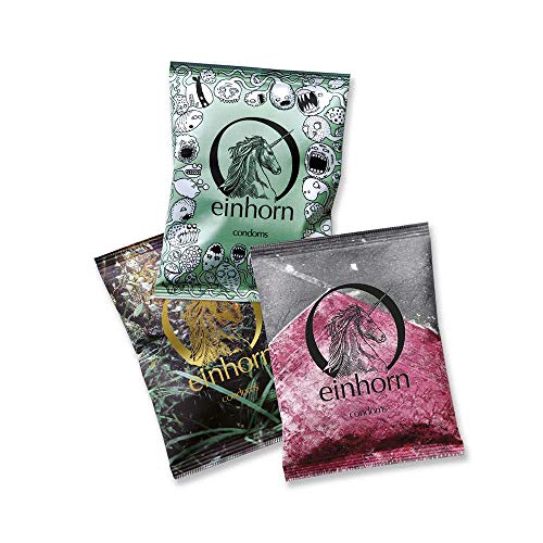 einhorn Kondome - 21 Stück - Monatsration - 3 Überraschungsdesigns + Extras - Vegan, Hormonfrei, Feucht, Geprüft