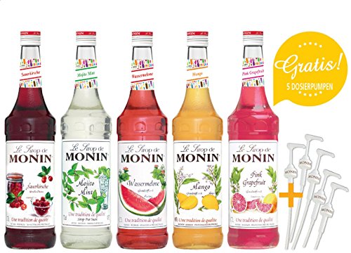 Monin Cocktail-Set 5+5 | Sauerkirsche, Mojito Mint, Wassermelone, Mango, Pink Grapefruit | Sirup für Cocktails mit Pumpe
