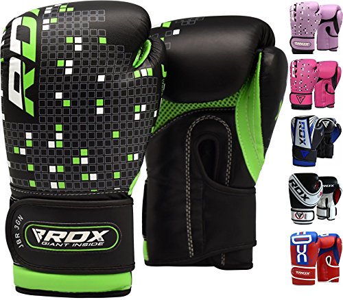 RDX Boxhandschuhe Kinder Muay Thai Boxsack Training Sparring Kickboxen Sandsack Junior Maya Hide Leder Boxing Gloves, mehrfarbig (Grün/Schwarz), 6 oz